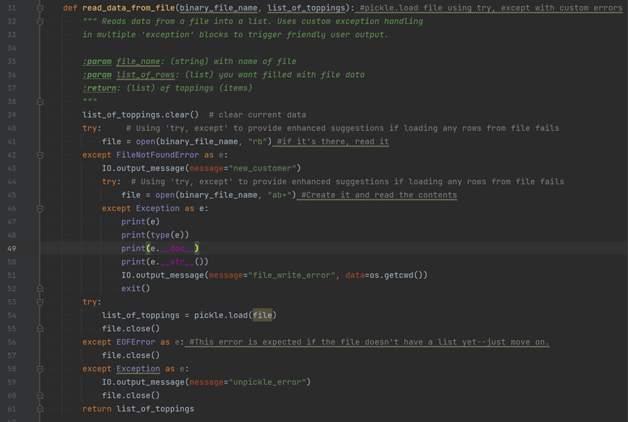 Figure 1 - "read_data_from_file" function demonstrates use of pickle and exception handling