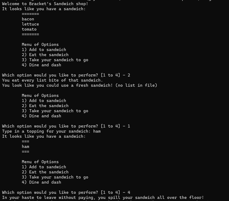 Figure 3 -- "Bracket's Sandwich Shop" running in PowerShell