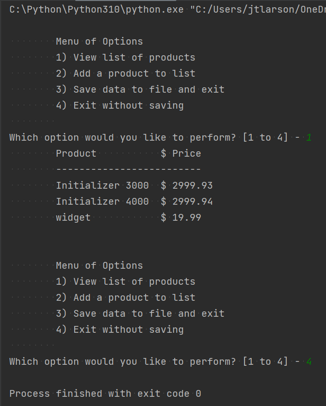 Figure 4 - Program viewing saved data in PyCharm
